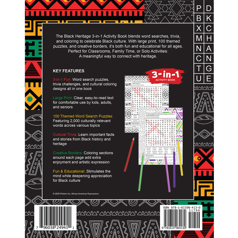Black Heritage 3-in-1 Activity Book: Word Search, Trivia Adventure, and Coloring My Culture