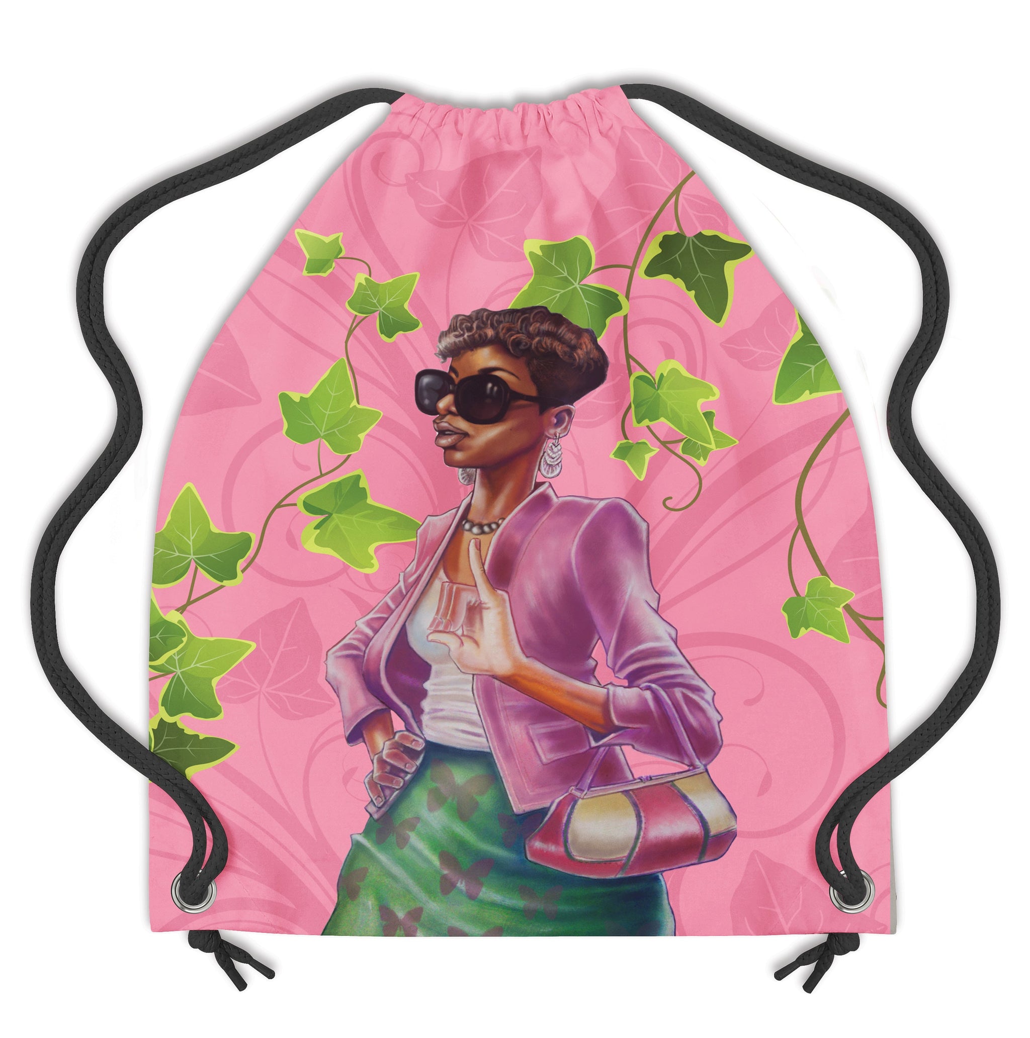 GREEN AND PINK DRAWSTRING BACKPACK
